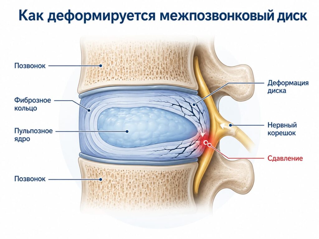 Схема деформации межпозвонкового диска и сдавления нервного корешка при остеохондрозе