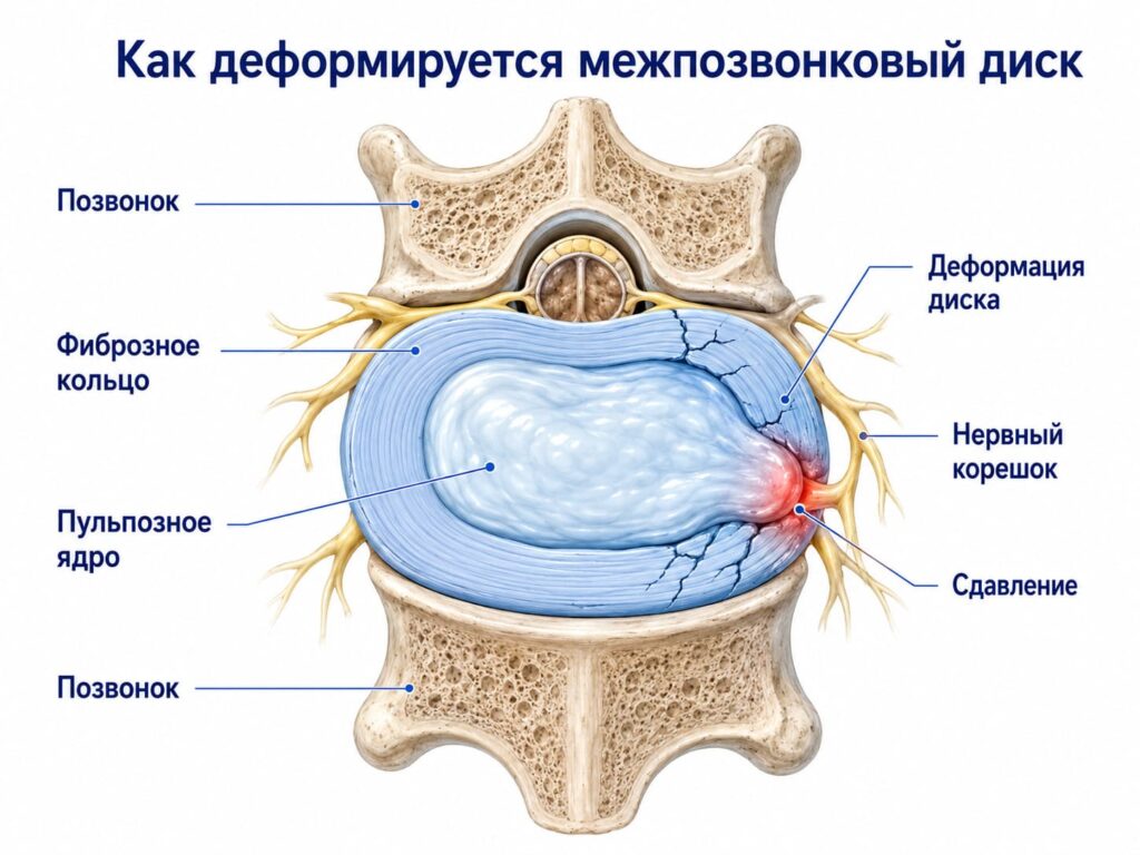 Деформация межпозвонкового диска и сдавление нервного корешка - вид сверху