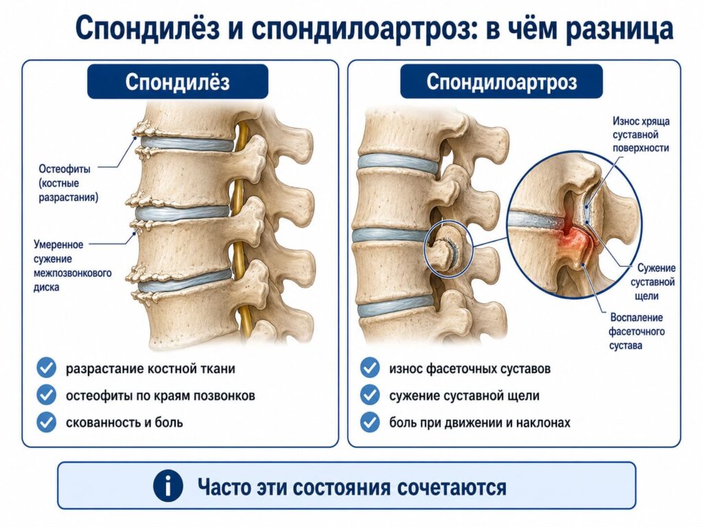Отличия спондилёза от спондилоартроза - остеофиты позвонков и износ фасеточных суставов