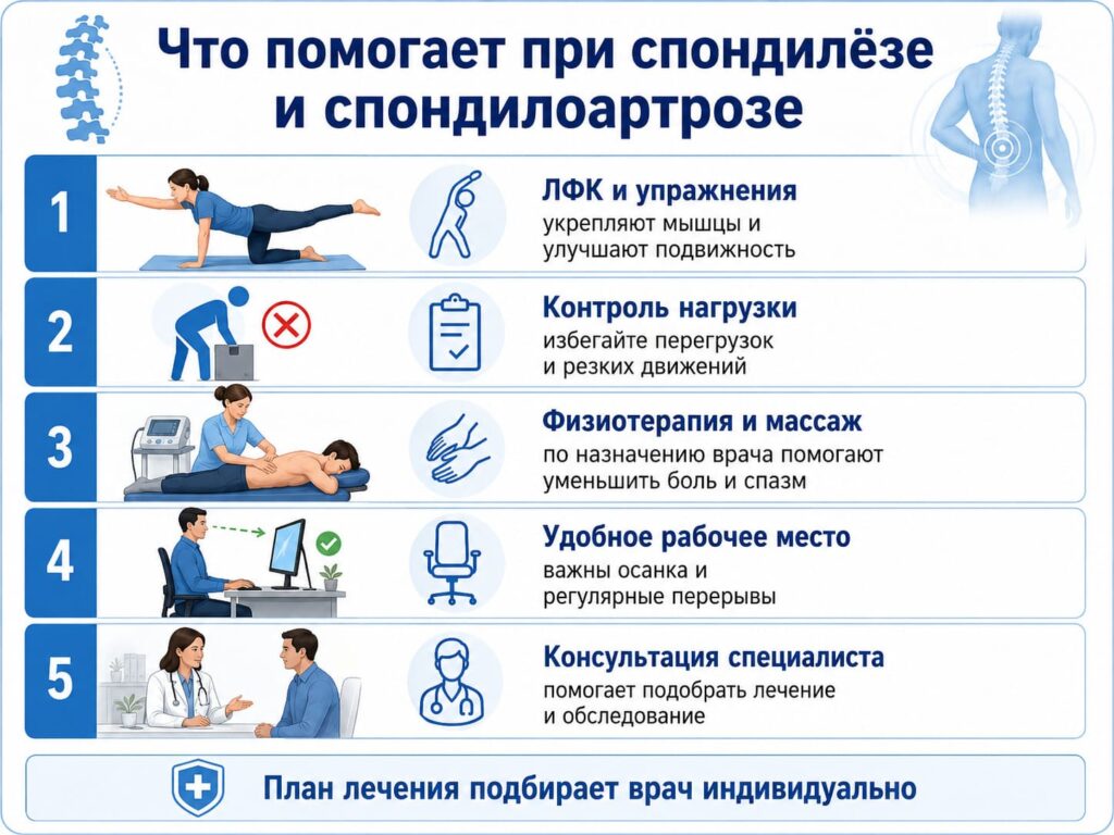 Методы лечения спондилёза и спондилоартроза - ЛФК, физиотерапия, контроль нагрузки
