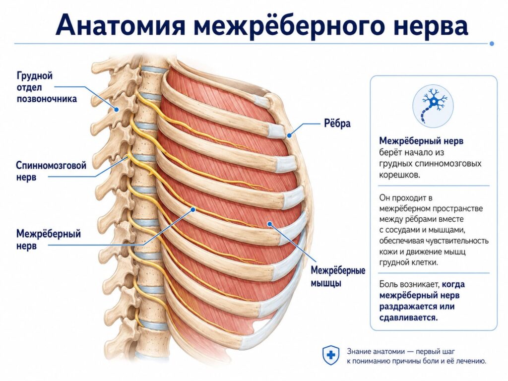 Анатомия межрёберного нерва - расположение между рёбрами и связь с грудным отделом позвоночника