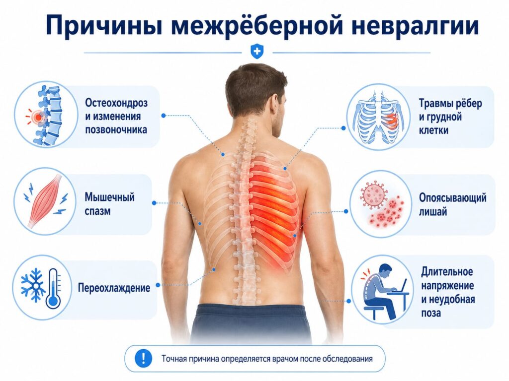 Причины межрёберной невралгии - остеохондроз, мышечный спазм, переохлаждение и опоясывающий лишай