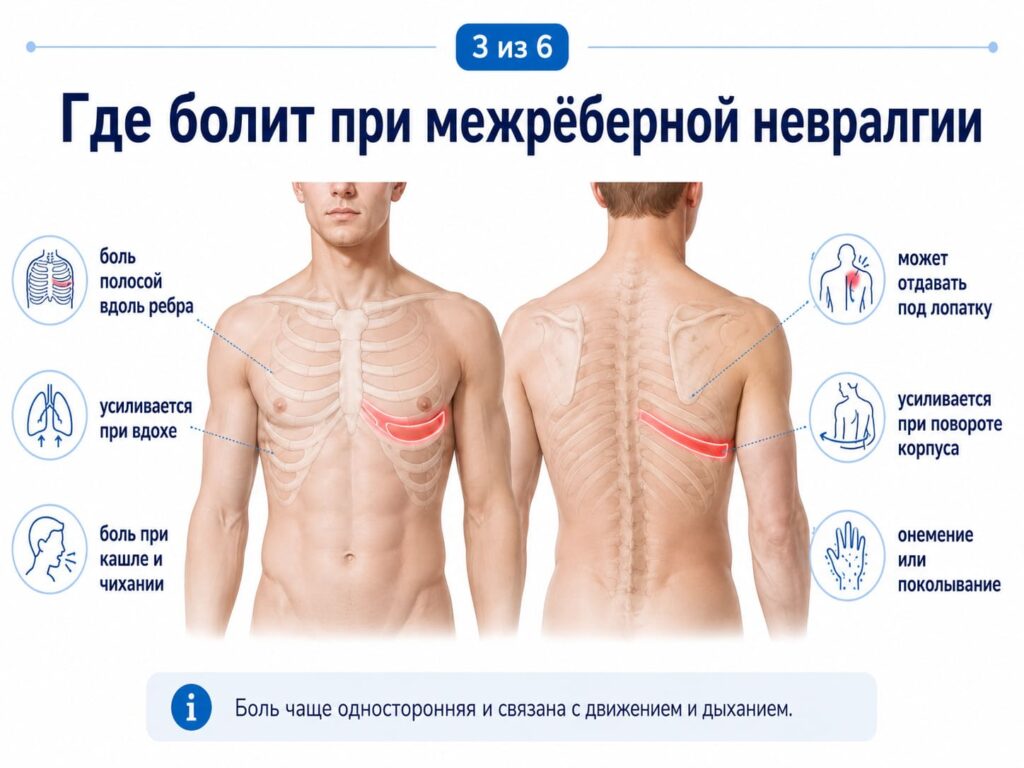 Где болит при межрёберной невралгии - боль вдоль ребра, усиливается при вдохе и повороте корпуса
